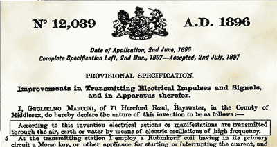 Фрагмент титульного листа предварительной заявки на изобретение, поданной Г. Маркони в Британское патентное бюро 2 июня 1896г.