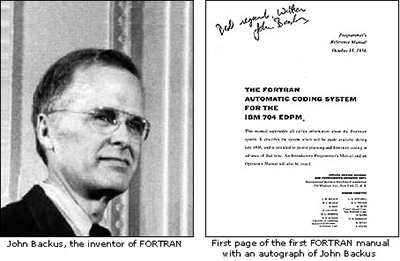 Автор Fortran Джон Бэкус и первая страница Fortran Manual