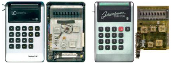 Рис. 11. Первые микрокалькуляторы Sharp EL-805 и Электроника Б3-04. Материалы Виртуального Компьютерного Музея