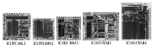 Рис. .5 Топологии кристаллов ОЭВМ и микропроцессоров серии К1801. Материалы Виртуального Компьютерного Музея